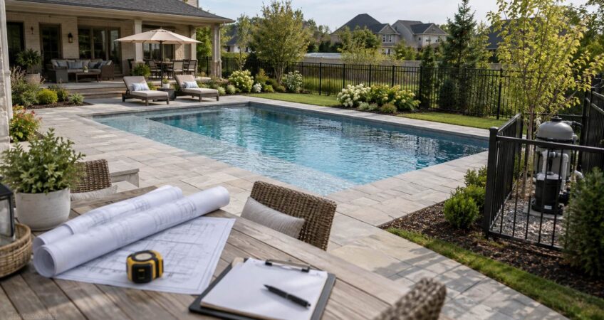 Residential inground swimming pool with stone decking, safety fencing, and pool planning documents in the foreground.