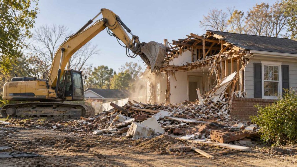Yellow excavator tearing down a house with exposed wooden framing and piles of rubble.