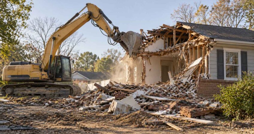 Yellow excavator tearing down a house with exposed wooden framing and piles of rubble.