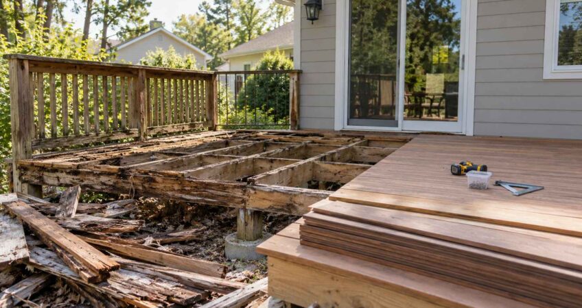 Residential deck renovation with exposed wooden joists, rotting boards, and new decking beside a house.