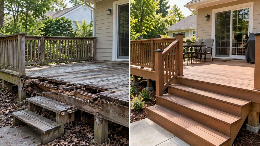 Split image showing a damaged wooden deck with rotting boards beside a renovated deck with new railings and stairs.