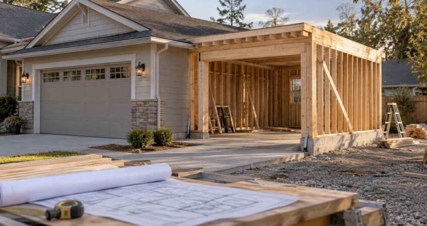 Residential garage being expanded with new wooden framing, concrete foundation, and construction plans.