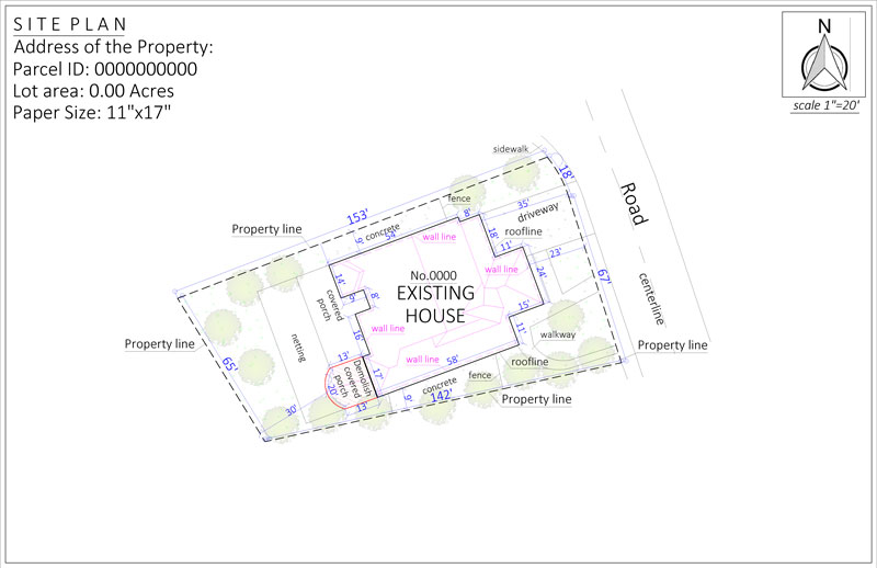 Site plan for a demolition small sunroom in Illinois