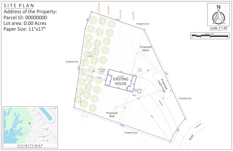 Site plan for a new septic system design in Washington