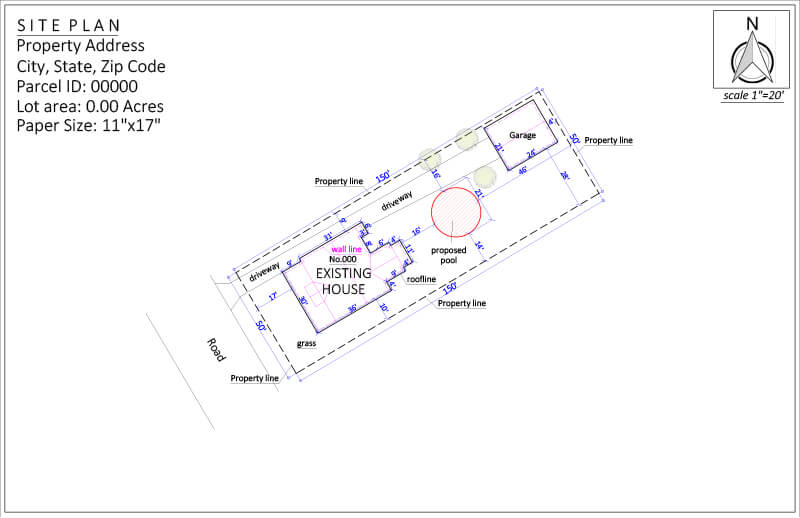 Site plan for above ground pool construction in Maryland