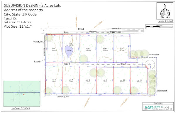  Key elements of a subdivision site plan with roads, utilities, and drainage layout