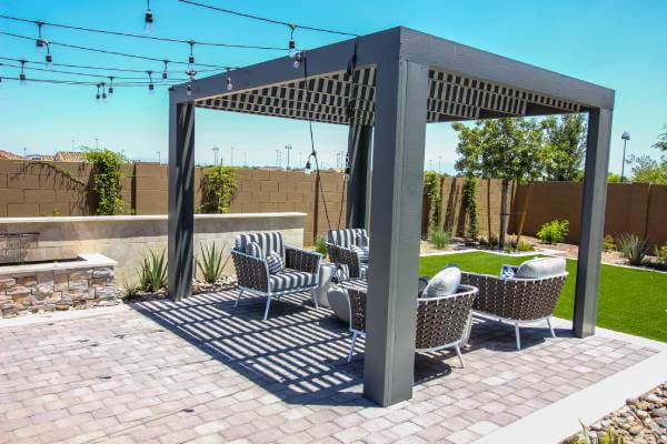 Outdoor patio structures including pergolas, roofs, and awnings