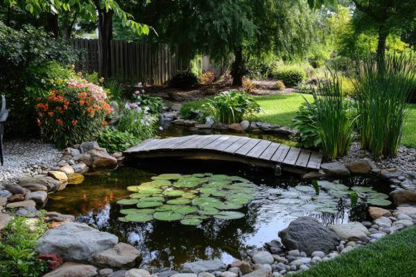 Water Feature Landscaping Ideas backyard water feature with small pond, plants, and stone edgi