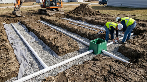 Installation of the drain field and distribution box Install the drain field and distribution box