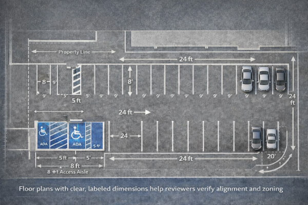 Parking lot floor plan with dimensions