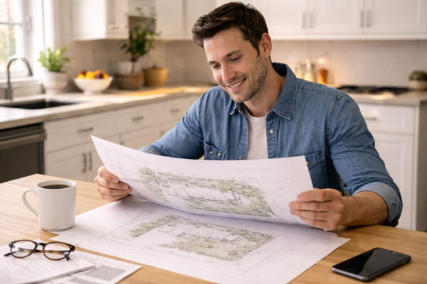 Calculating site plan cost estimate - factors that affect price Property owner reviewing site plan cost estimate with calculator and permit documents