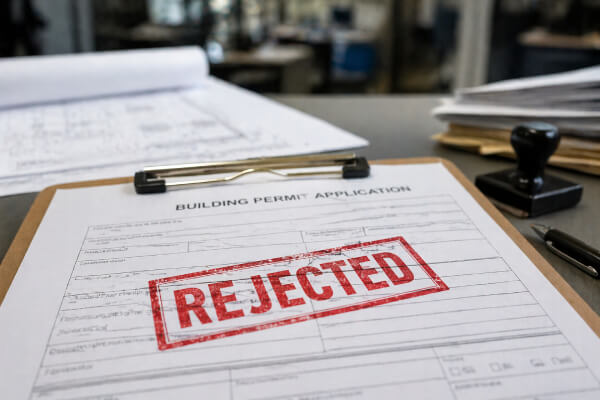 Building permit application with rejection stamp on a government office desk