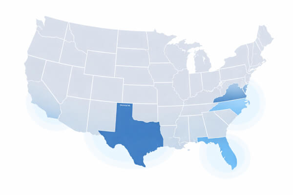 US map showing building permit distribution across states with Texas Florida and North Carolina highlighted