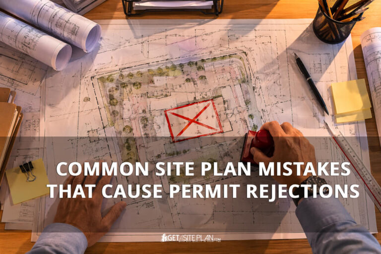 site plan drawing on drafting table marked with permit rejection notice