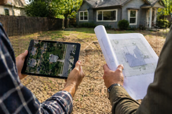 Contractor using Google Maps on tablet as visual reference before reviewing a formal site plan

