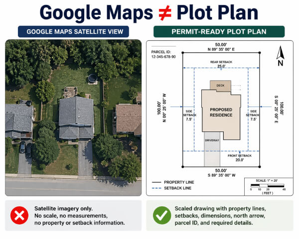 Plot plan technical drawing with property lines next to a tablet showing satellite imagery