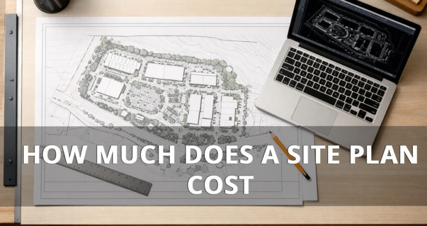Drafting professional reviewing a site plan drawing for a building permit application