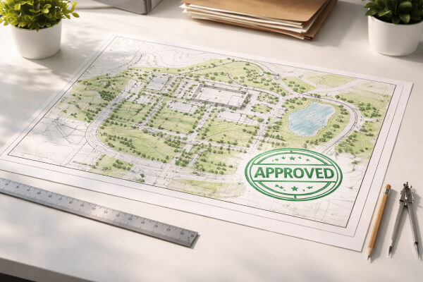 professionally prepared site plan drawing with approved permit stamp on a clean desk