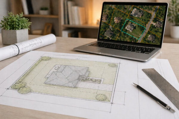 Professional permit-ready plot plan drawn to scale with GIS parcel data reference on laptop