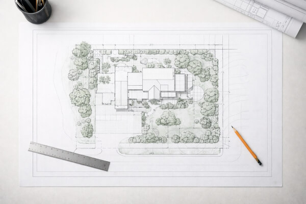 Detailed residential site plan drawing showing property boundaries and structure footprint for permit submission Detailed residential site plan drawing showing property boundaries and structure footprint for permit submission