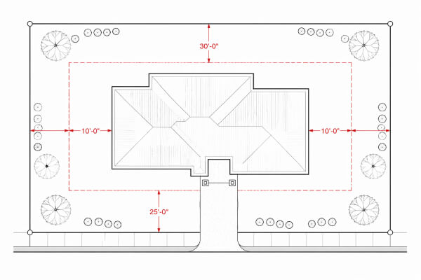residential site plan diagram showing front rear and side setback dimensions marked with