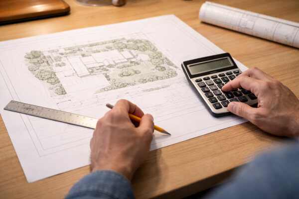 Calculating site plan cost estimate - factors that affect price Property owner reviewing site plan cost estimate with calculator and permit documents