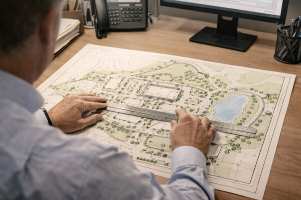 permit reviewer examining a site plan drawing with measurement tools