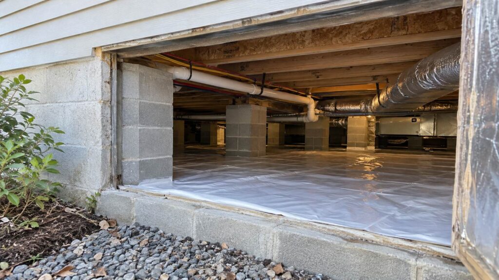 Crawl space with concrete piers, wooden floor joists, exposed utilities, and a white vapor barrier.