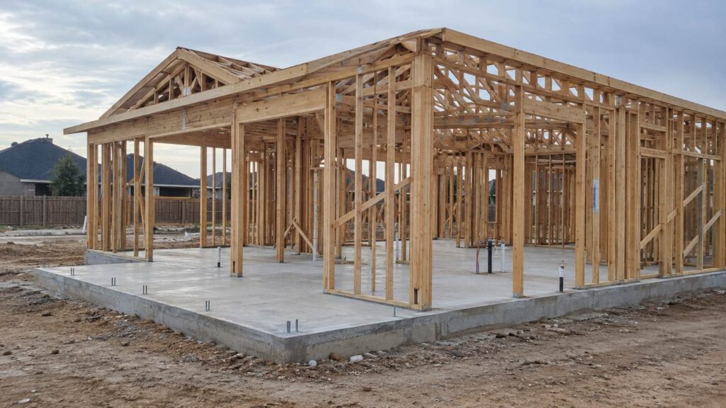 Wooden house frame under construction on a concrete slab foundation.