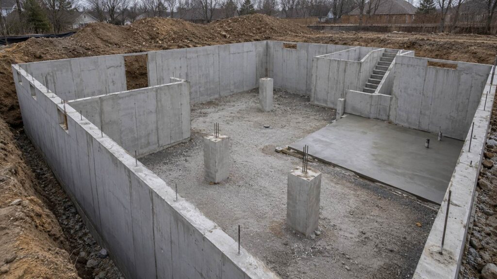 Excavated basement foundation with concrete perimeter walls, interior columns, and staircase.