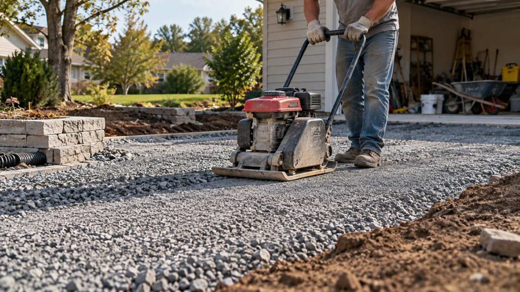 Person compacting a gravel driveway with a plate compactor outside a residential garage.