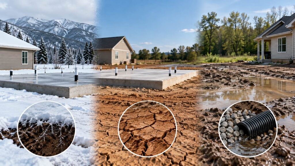 Infographic showing frost, cracked clay soil, and drainage conditions around a concrete foundation.