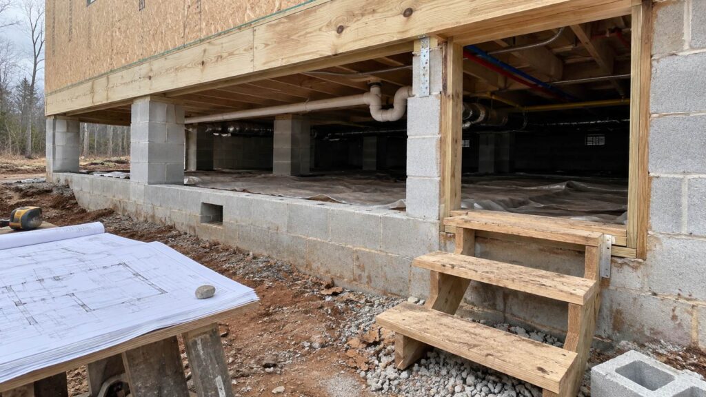 Raised house under construction with crawl-space foundation, concrete piers, plumbing, and wooden framing.