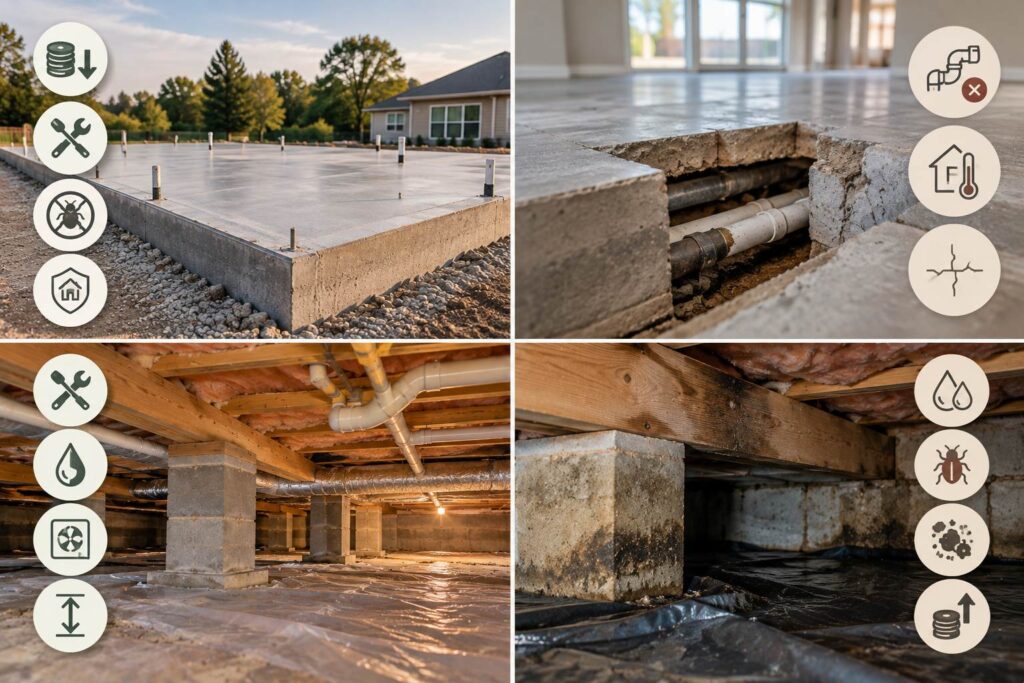 Infographic showing crawl space foundation drawbacks, including mold, pests, moisture, and repair costs.