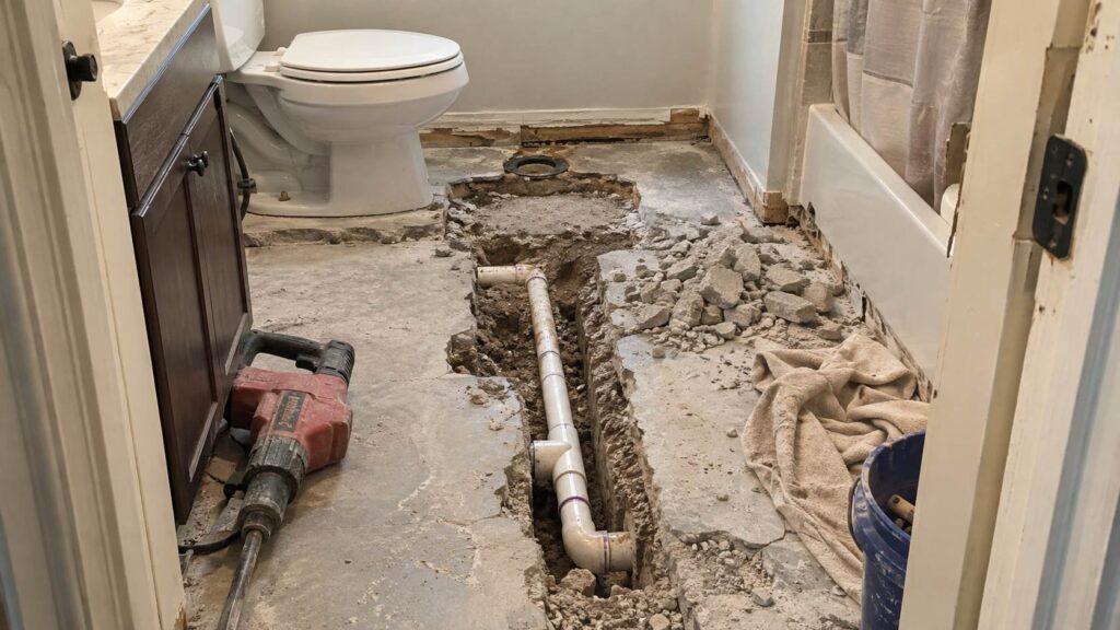Bathroom floor with broken concrete exposing underground plumbing pipes during repairs.