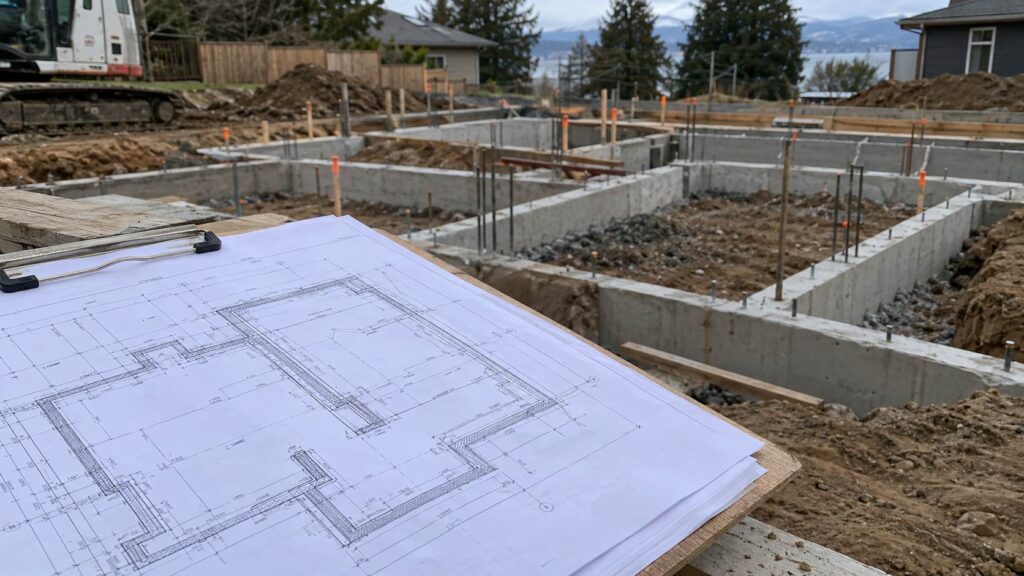 Foundation plan blueprint overlooking concrete footings and reinforcement at a construction site.