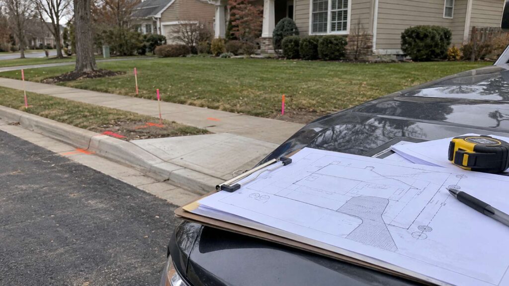 Driveway site plan documents on a vehicle beside a marked residential curb and sidewalk.