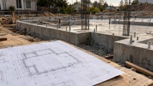 Foundation plan blueprint beside concrete footings and steel reinforcement at a residential construction site.
