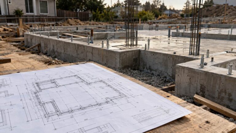 Foundation plan blueprint beside concrete footings and steel reinforcement at a residential construction site.