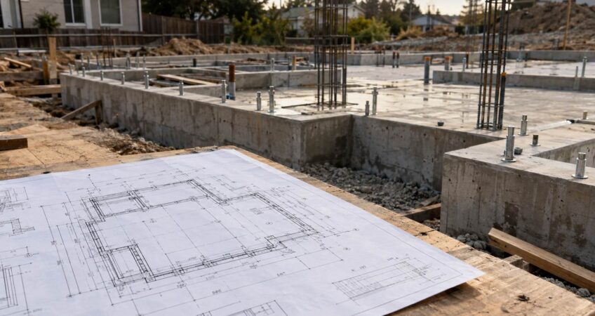 Foundation plan blueprint beside concrete footings and steel reinforcement at a residential construction site.