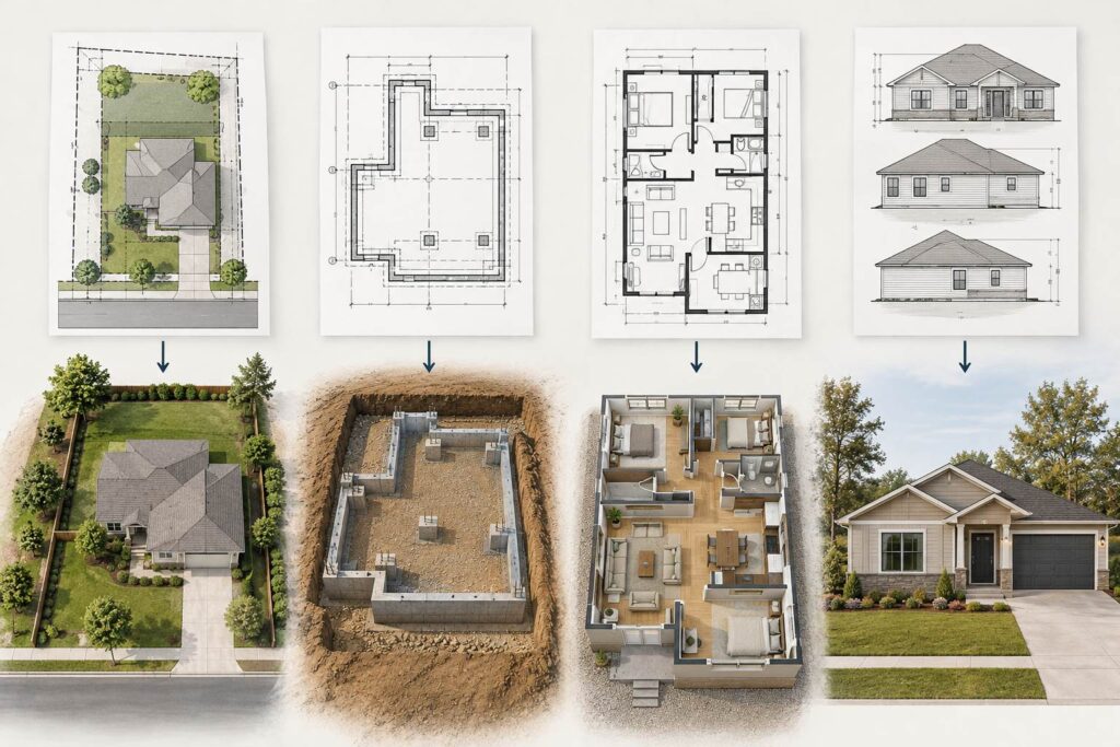 Infographic comparing site plans, foundation plans, floor plans, and building elevations.