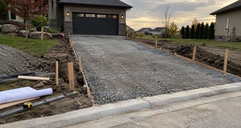 New driveway with compacted gravel, wooden stakes, and string lines leading to a residential garage.