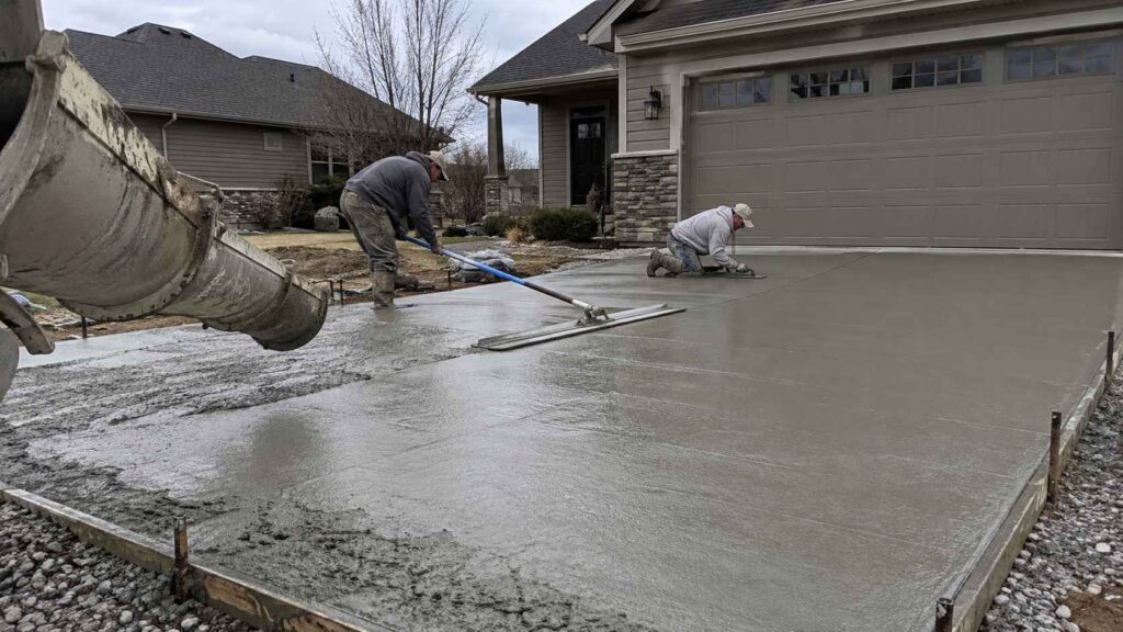 Workers leveling freshly poured concrete with a screed and hand trowel outside a residential garage.