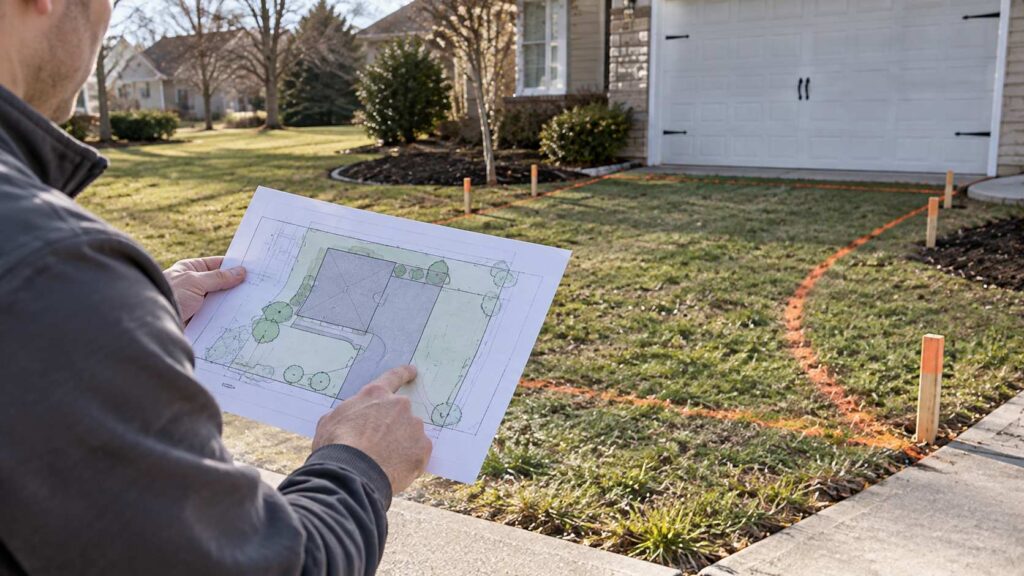 Person holding a driveway layout plan beside orange ground markings and wooden stakes in a residential yard.