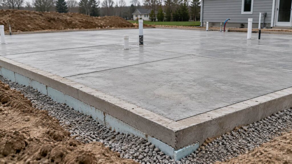 Residential slab-on-grade foundation with concrete surface, plumbing pipes, and gravel base.