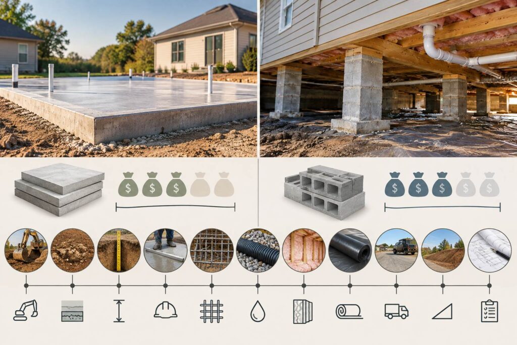 Infographic comparing slab and crawl space foundation costs, materials, and construction factors.