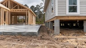 Concrete slab foundation beside a raised house supported by concrete block piers.
