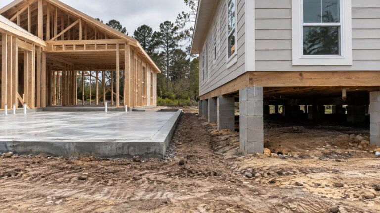Concrete slab foundation beside a raised house supported by concrete block piers.