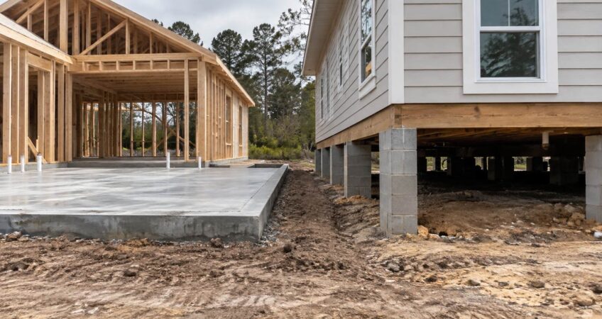 Concrete slab foundation beside a raised house supported by concrete block piers.