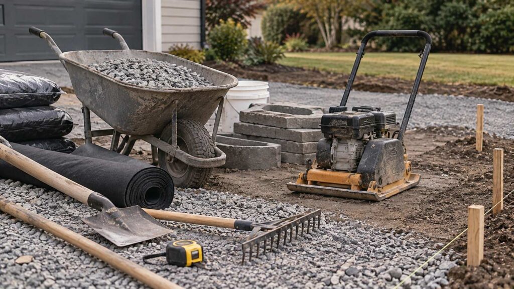 Wheelbarrow filled with gravel, plate compactor, shovel, rake, and landscape fabric at a driveway construction site.